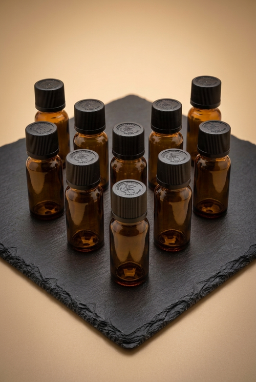 10 Apotheker-Fläschchen 20 ml Braunglas mit kindersicherem Drück-Dreh-Verschluss auf rauer Schieferplatte — Duftatelier