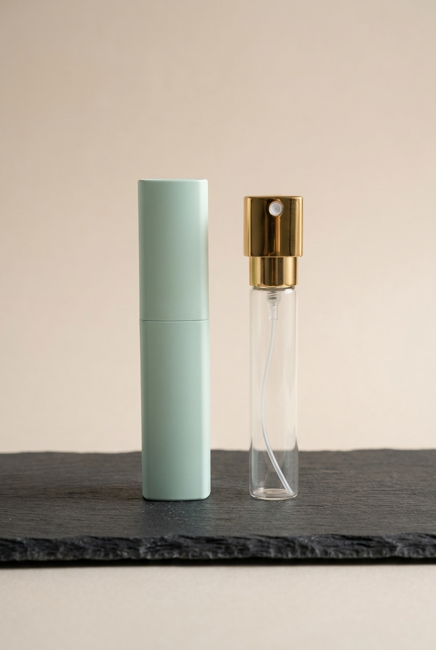 Reise-Flakon 10 ml zerlegt: mintfarbene Schutzhülse neben dem Glasfläschchen mit Goldpumpe und Steigrohr