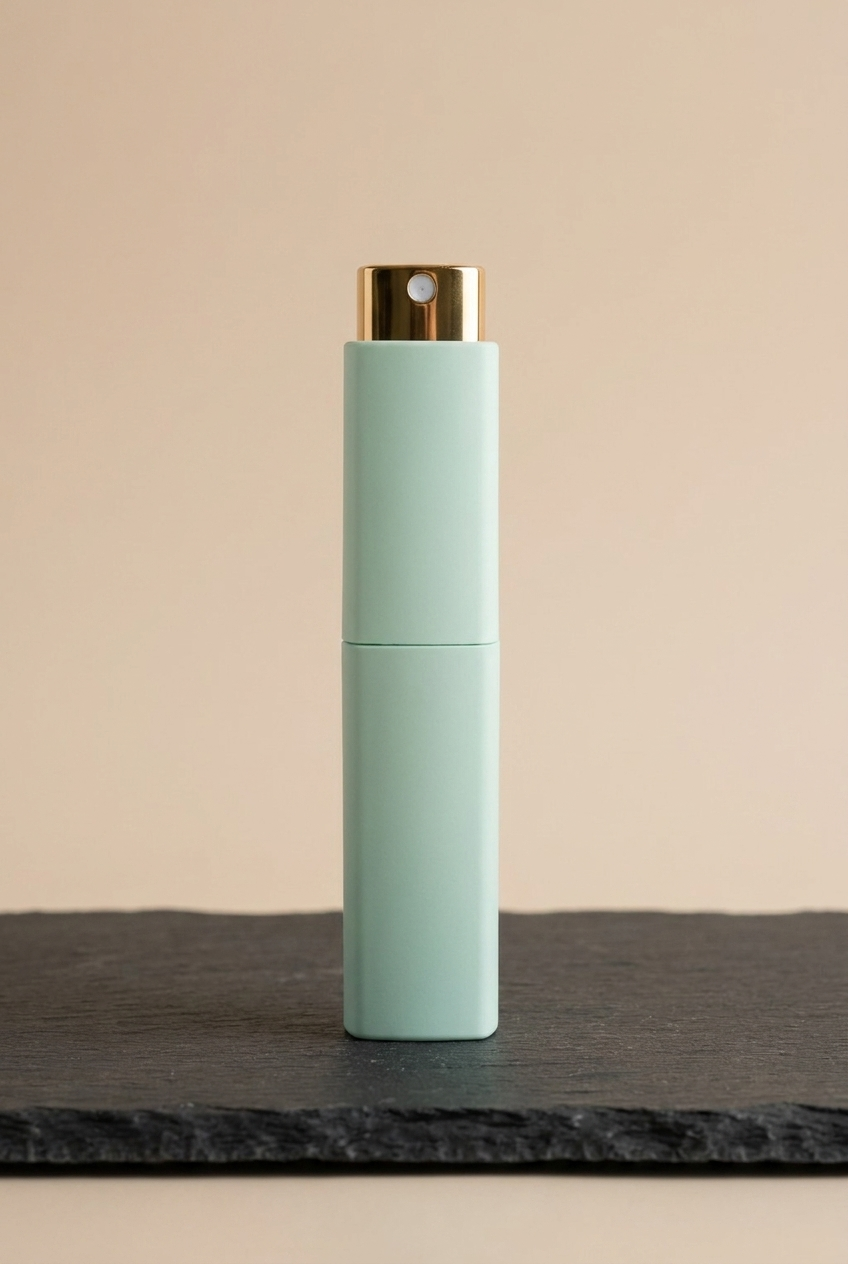 Reise-Flakon 10 ml mit mintfarbener Hülse und Goldpumpe, stehend auf dunkler Schieferplatte
