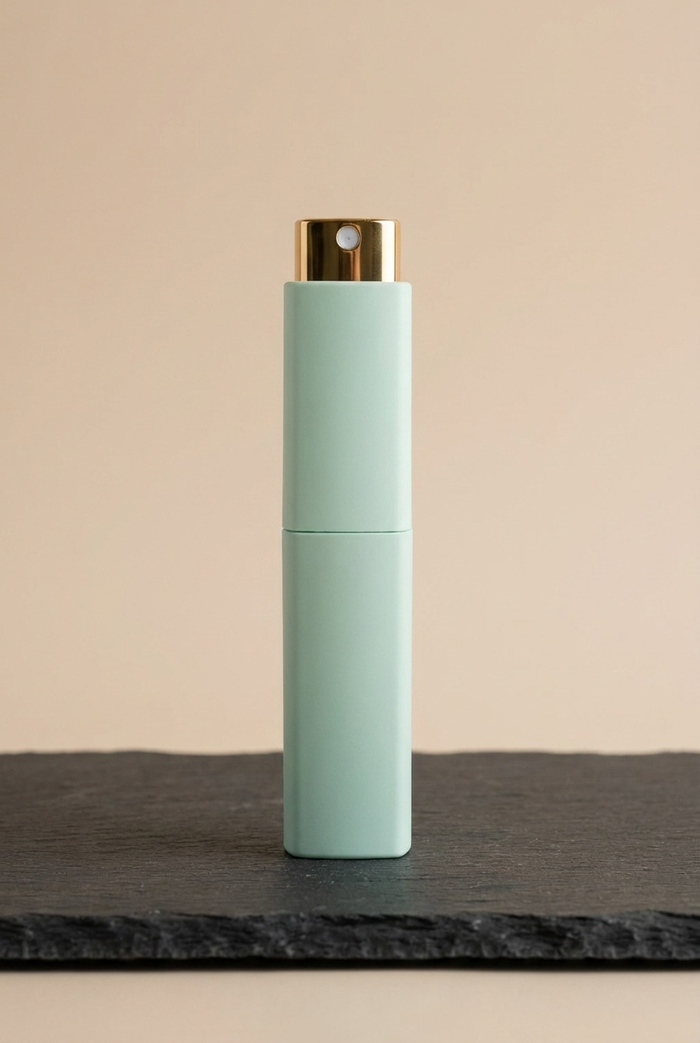 Reise-Flakon 10 ml mit mintfarbener Hülse und Goldpumpe, stehend auf dunkler Schieferplatte